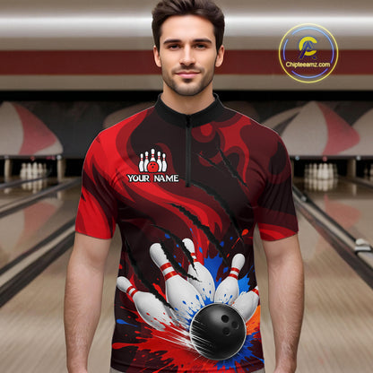 Custom Mens Bowling Colorful Splatter Pin & Ball Shirts, Black & Red Bowling Team Jerseys NYN3420