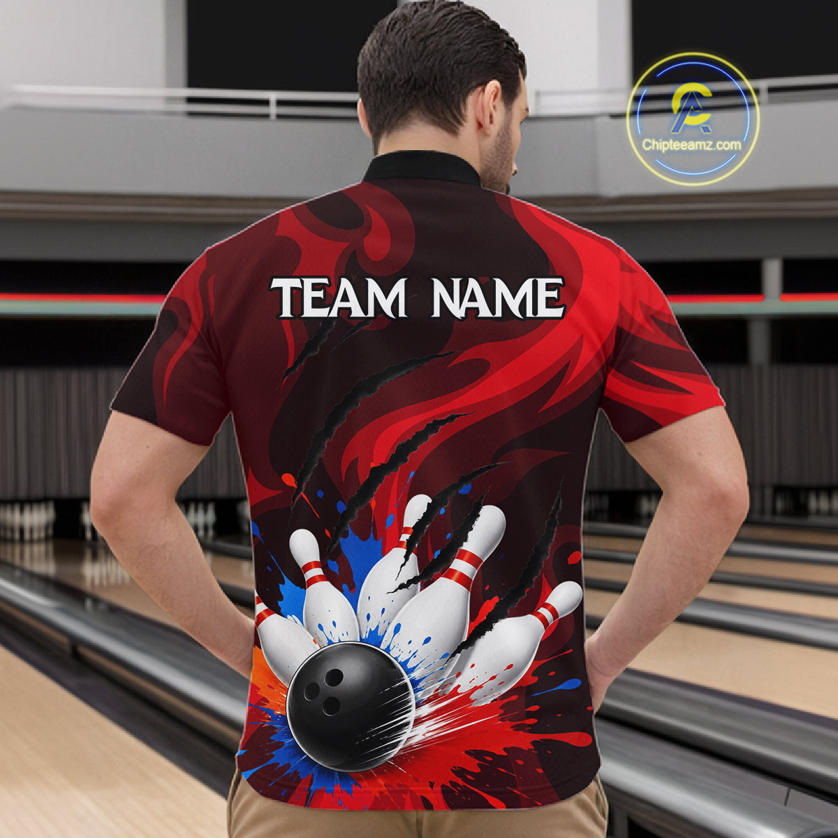 Custom Mens Bowling Colorful Splatter Pin & Ball Shirts, Black & Red Bowling Team Jerseys NYN3420