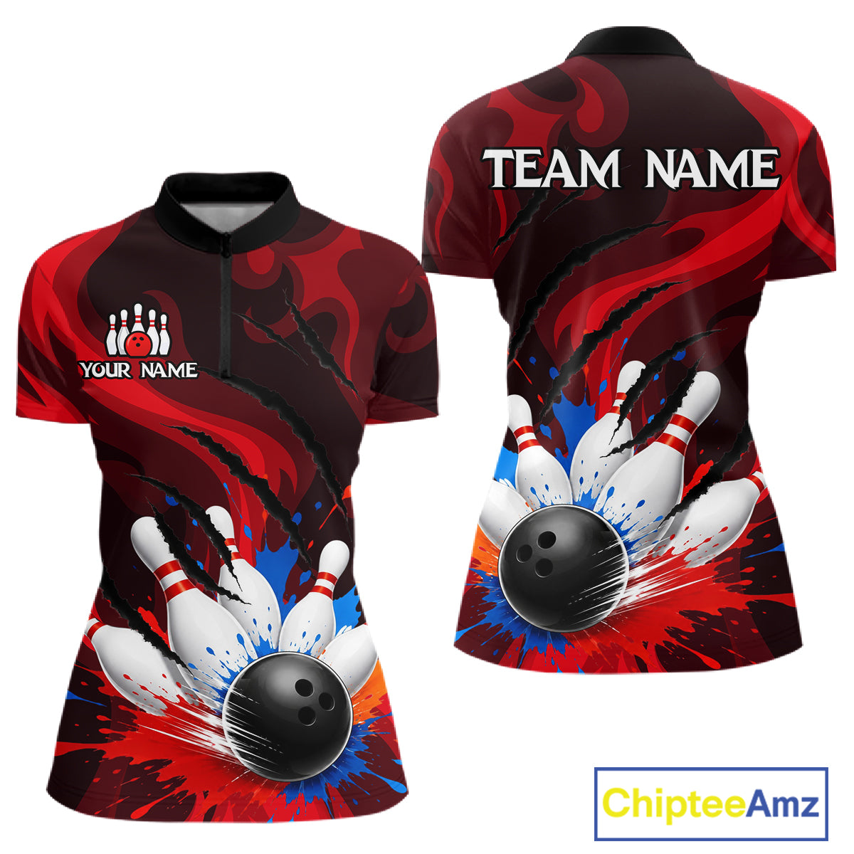 Colorful Splatter Bowling Ball And Pins Shirt For Women Black Red Team Jersey