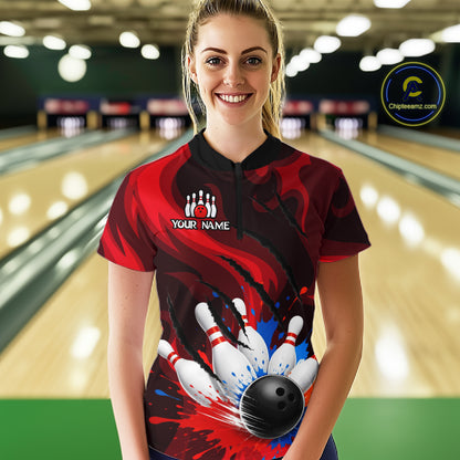 Custom Womens Bowling Colorful Splatter Pin & Ball Shirts, Black & Red Bowling Team Jerseys NYN3420