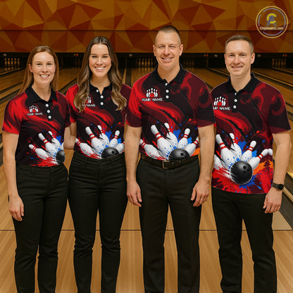 Custom Mens Bowling Colorful Splatter Pin & Ball Shirts, Black & Red Bowling Team Jerseys NYN3420