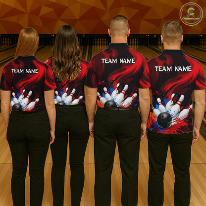 Custom Mens Bowling Colorful Splatter Pin & Ball Shirts, Black & Red Bowling Team Jerseys NYN3420