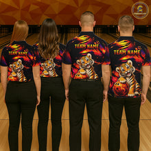 Load image into Gallery viewer, Bowling team wearing matching tiger fire jerseys during tournament finals, representing unity, fearless teamwork, determination and championship success.