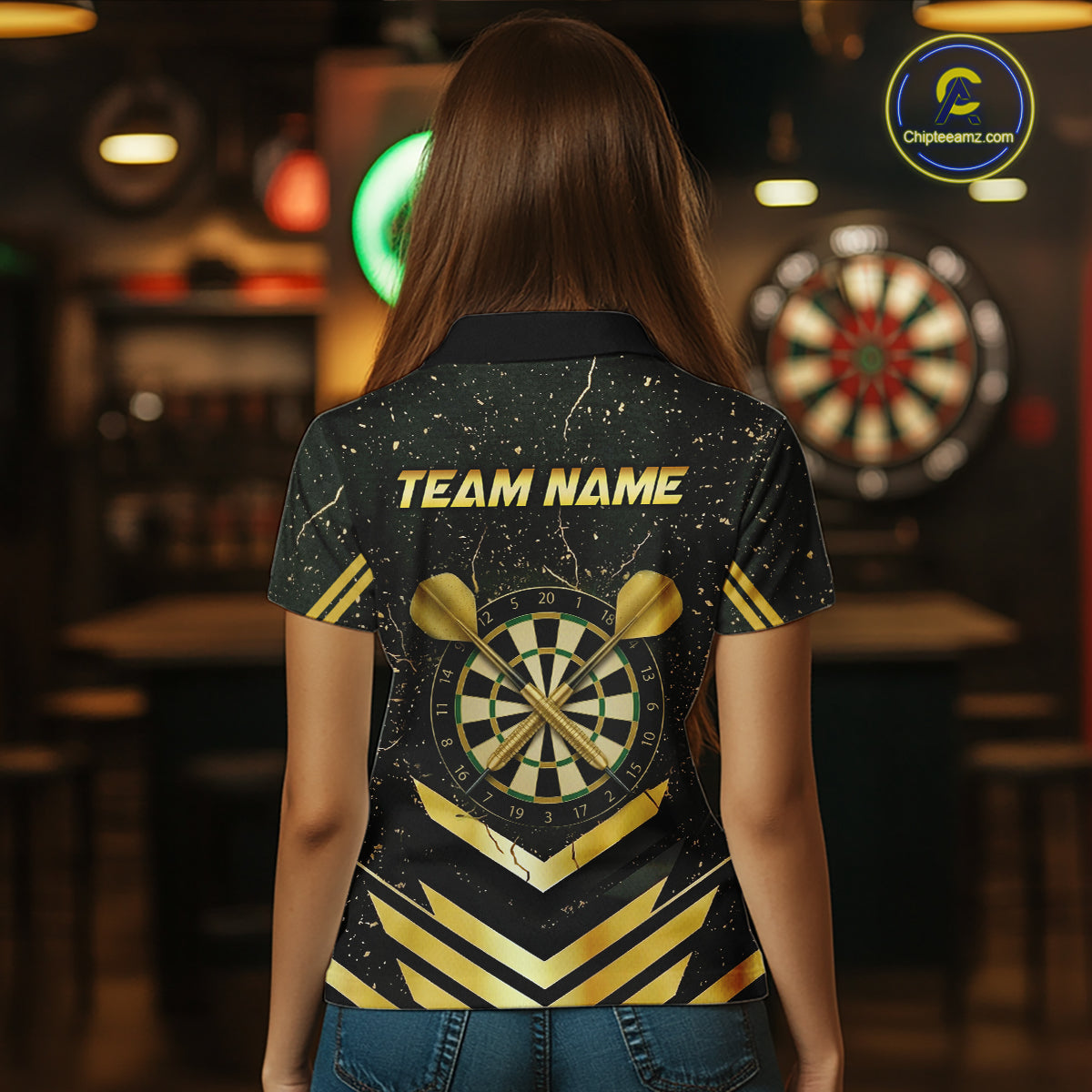 Black And Gold Dartboard Women Dart Polo & 1/4-Zip Shirt Custom Cracked Dart Jersey For Darters NYN3002