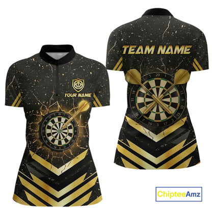 Black And Gold Dartboard Women Dart Polo & 1/4-Zip Shirt Custom Cracked Dart Jersey For Darters NYN3002