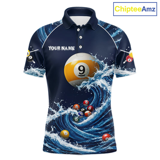 Blue Waving men's custom 9 Ball pool polo jersey, billiards team apparel, cue sports uniform, professional tournament shirt
