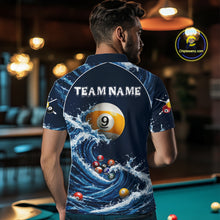 Load image into Gallery viewer, Male model wearing Funny Shark Blue pool polo jersey, custom billiard apparel, 8 Ball 9 Ball cue sports shirt, bar league championship uniform