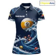 Load image into Gallery viewer, Blue Waving women's 9 Ball pool polo shirt, custom billiard team apparel, cue sports jersey, tournament uniform, league championship clothing