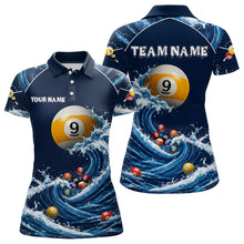 Load image into Gallery viewer, Blue Waving women's 9 Ball pool polo shirt, custom billiard team apparel, cue sports jersey, tournament uniform, league championship clothing