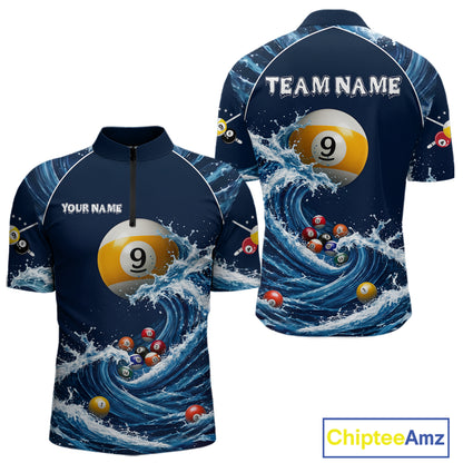 Funny Shark Blue men's quarter zip pool jersey featuring shark graphics, personalized billiards team apparel, cue sport tournament clothing