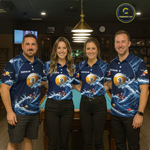 Load image into Gallery viewer, Funny Shark custom billiard team jerseys with 8 Ball 9 Ball artwork, matching pool league uniforms, cue sports apparel, championship tournament shirts