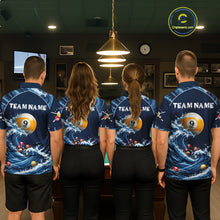 Load image into Gallery viewer, Funny Shark custom billiard team jerseys with 8 Ball 9 Ball artwork, matching pool league uniforms, cue sports apparel, championship tournament shirts