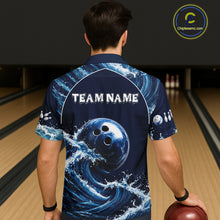 Load image into Gallery viewer, Male model wearing Blue Waving bowling tournament polo, personalized bowling league jersey, custom bowling club apparel, athletic performance shirt, championship-inspired bowling uniform