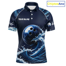 Load image into Gallery viewer, Blue Waving men's bowling polo with dynamic wave bowling ball artwork, custom bowling team shirt, personalized tournament jersey, league bowling apparel, bowling club uniform, performance sports polo