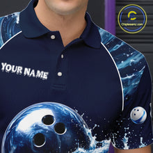 Load image into Gallery viewer, Male model wearing Blue Waving bowling tournament polo, personalized bowling league jersey, custom bowling club apparel, athletic performance shirt, championship-inspired bowling uniform