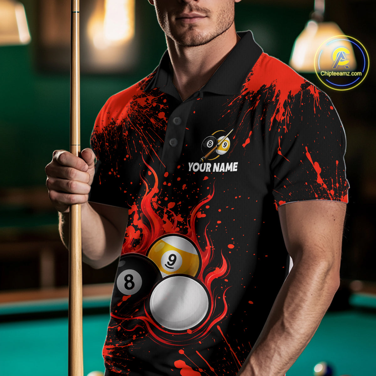 Red Splatter Flame 8 Ball & 9 Ball Pool Polo 1/4-Zip Shirt For Men Personalized Billiard Team Apparel NYN3971