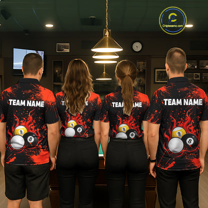 Red Splatter Flame 8 Ball & 9 Ball Pool Polo 1/4-Zip Shirt For Men Personalized Billiard Team Apparel NYN3971