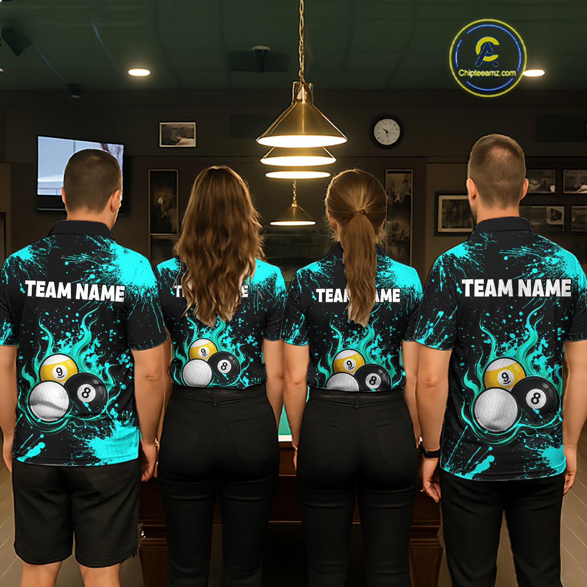 Teal Splatter Flame 8 Ball & 9 Ball Pool Polo 1/4-Zip Shirt For Men Personalized Billiard Team Apparel NYN3972