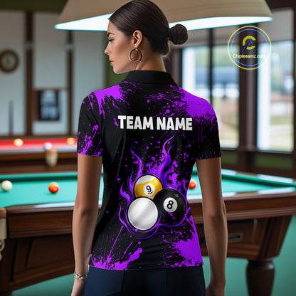 Purple Splatter Flame 8 Ball & 9 Ball Pool Polo 1/4-Zip Shirt For Women Personalized Billiard Team Apparel NYN3973