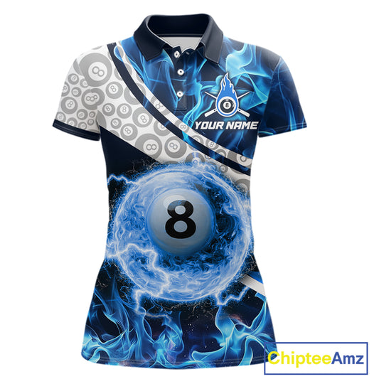 Personalized Blue Flaming Thunder 8 Ball Pool Billiard Shirts For Women Billiard Attire Gifts NYN2802