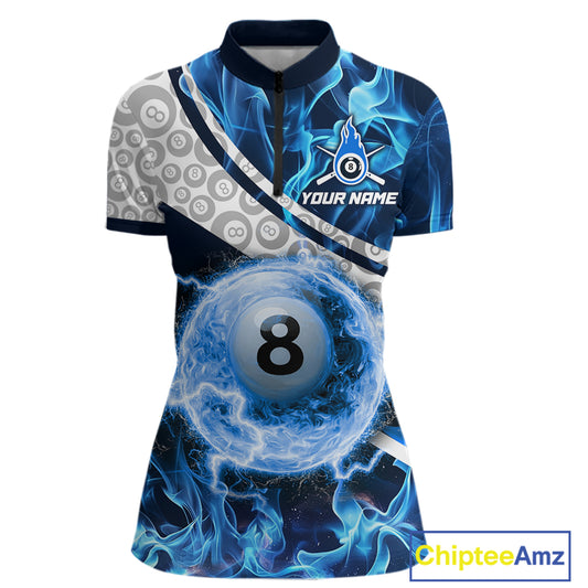 Personalized Blue Flaming Thunder 8 Ball Pool Billiard Shirts For Women Billiard Attire Gifts NYN2802