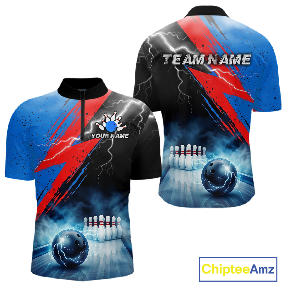 Thunder lightning bowling polo quarter zip shirt for men blue smoke bowling jersey