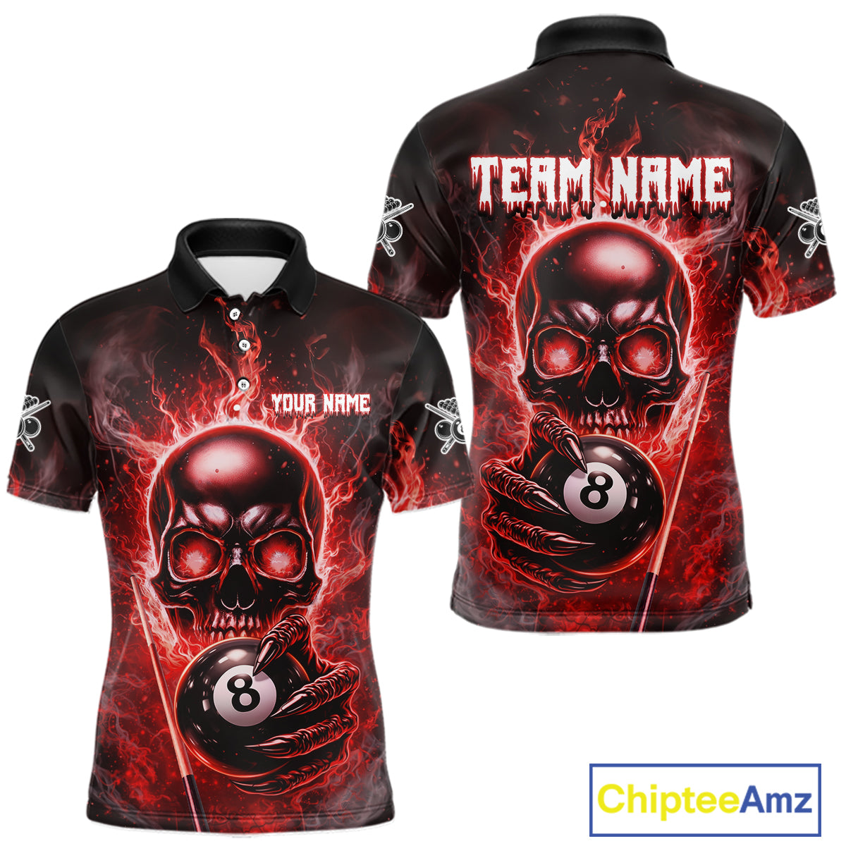 Red Flames Skull Hoding 8 Ball Pool Men Polo & 1/4-Zip Shirt Custom Billiards Ball Jerseys NYN2428