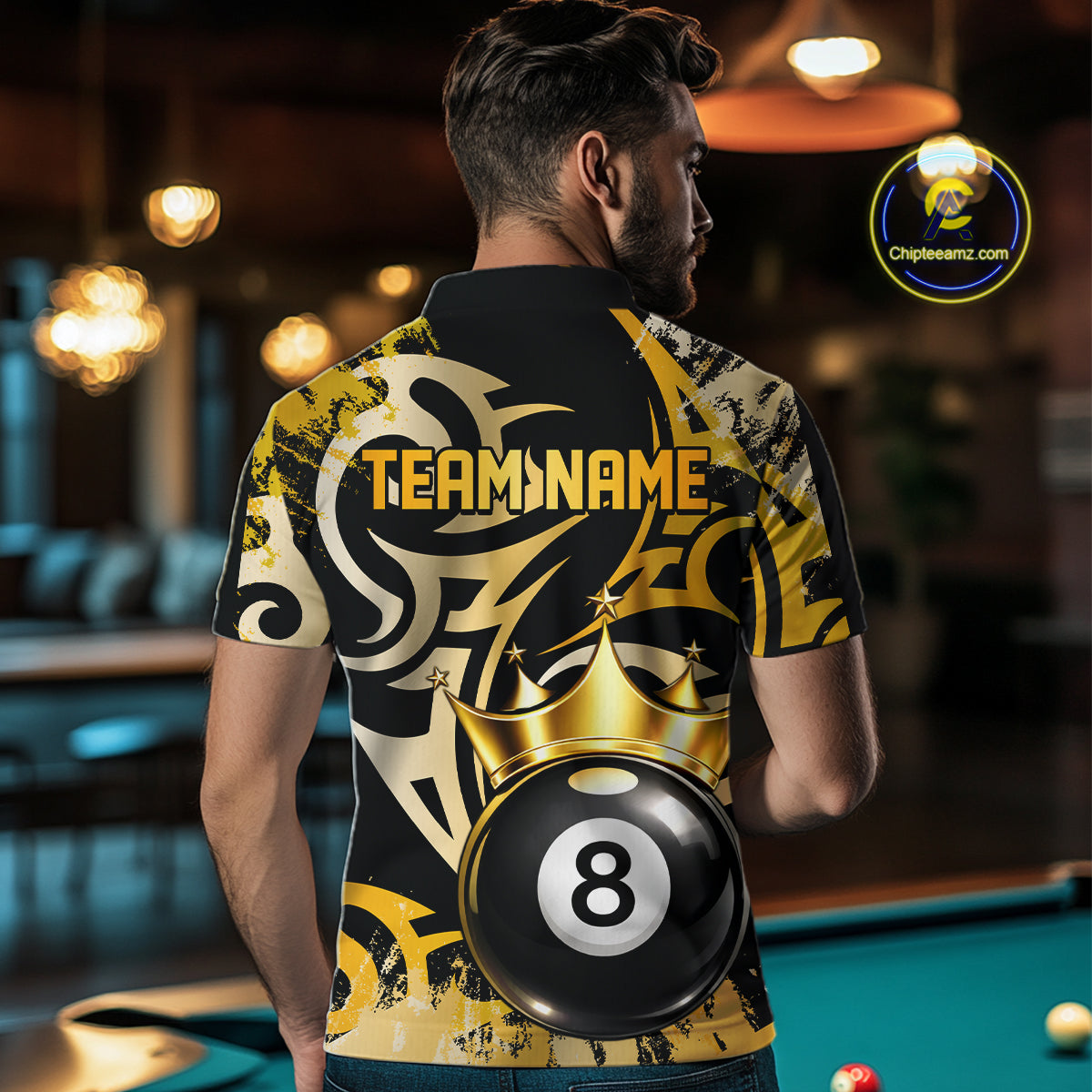 Gold Tribal Crown 8 Ball Pool Men Polo & 1/4-Zip Team Shirt Custom Billiards Ball Jerseys NYN2429