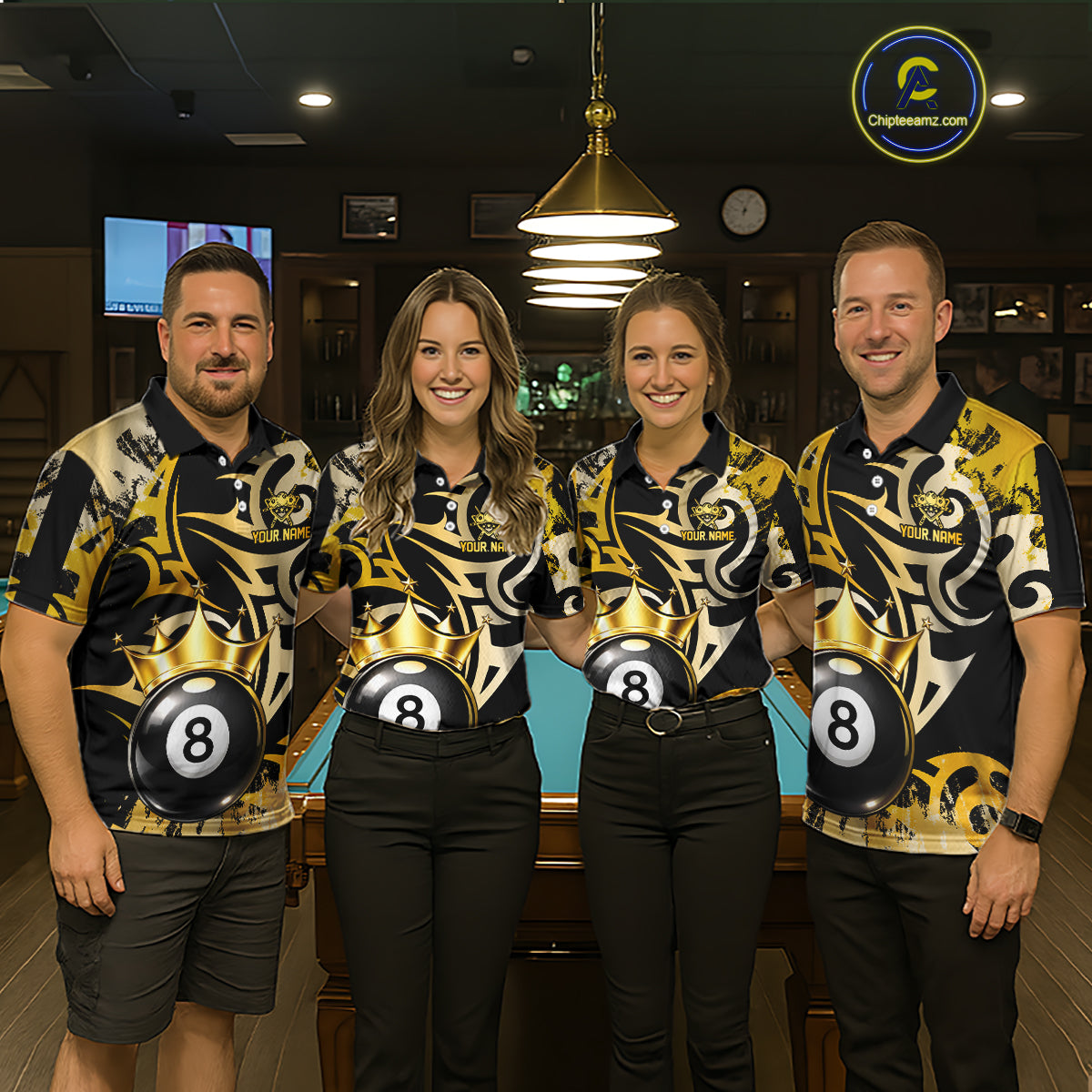Gold Tribal Crown 8 Ball Pool Men Polo & 1/4-Zip Team Shirt Custom Billiards Ball Jerseys NYN2429