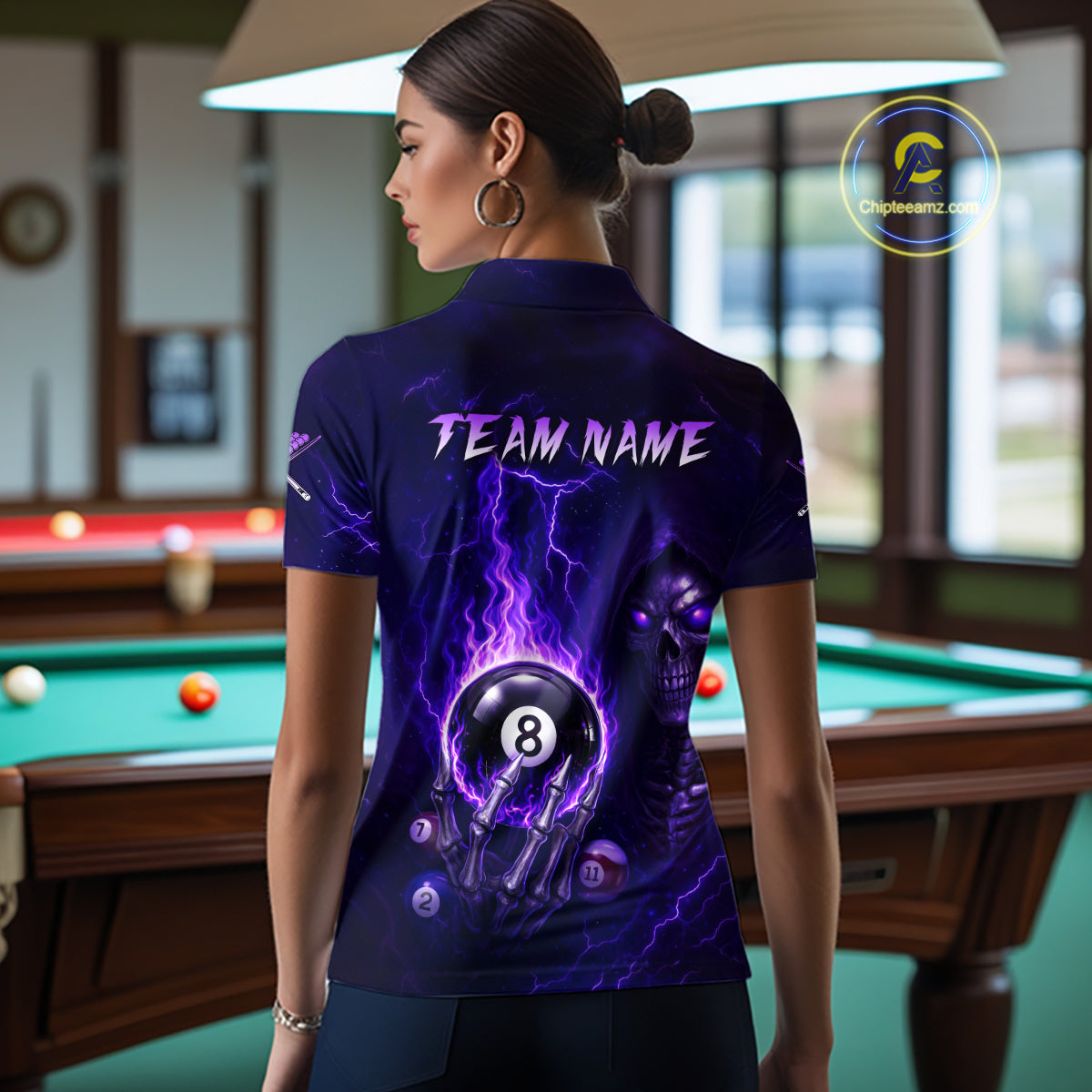 Fire Flame Purple 8 Ball Pool Billiard Team Shirt For Women Custom Grim Reaper Billiard Jerseys NYN2438