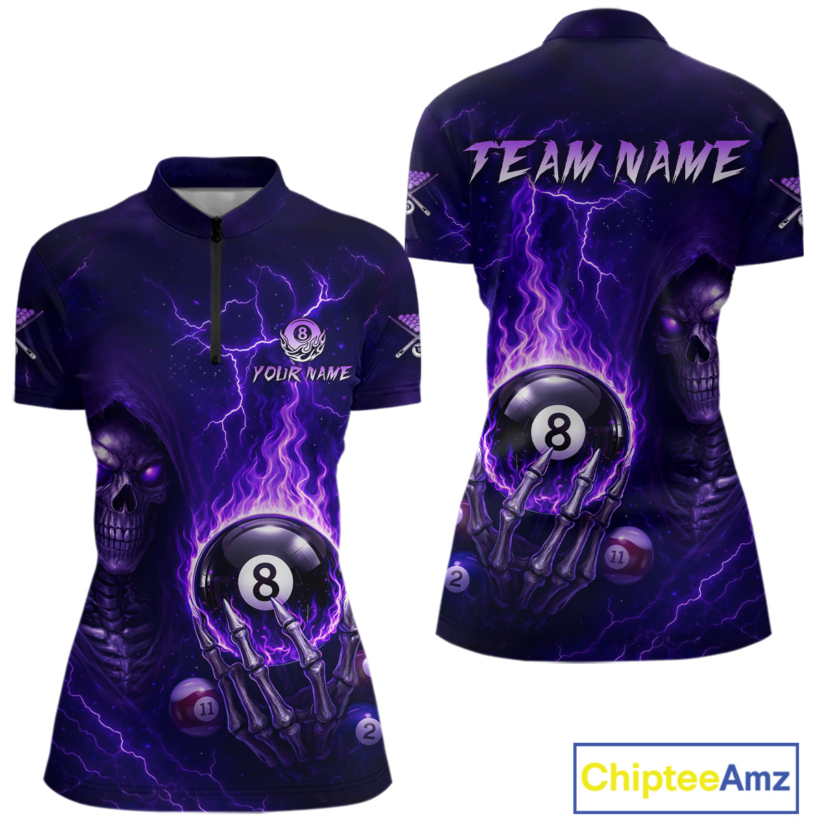 Fire Flame Purple 8 Ball Pool Billiard Team Shirt For Women Custom Grim Reaper Billiard Jerseys NYN2438