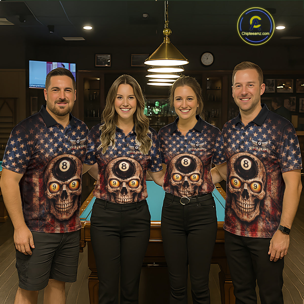 Retro American Flag Skull Pool 8 Ball & 9 Ball Men Billiard Shirt Personalized Balls Billiard Shirts NYN2654