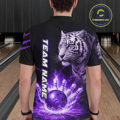 Purple Flames Tiger Custom Men Bowling Polo & Quarter-Zip Shirts Flame Bowling Team Jerseys NYN3012