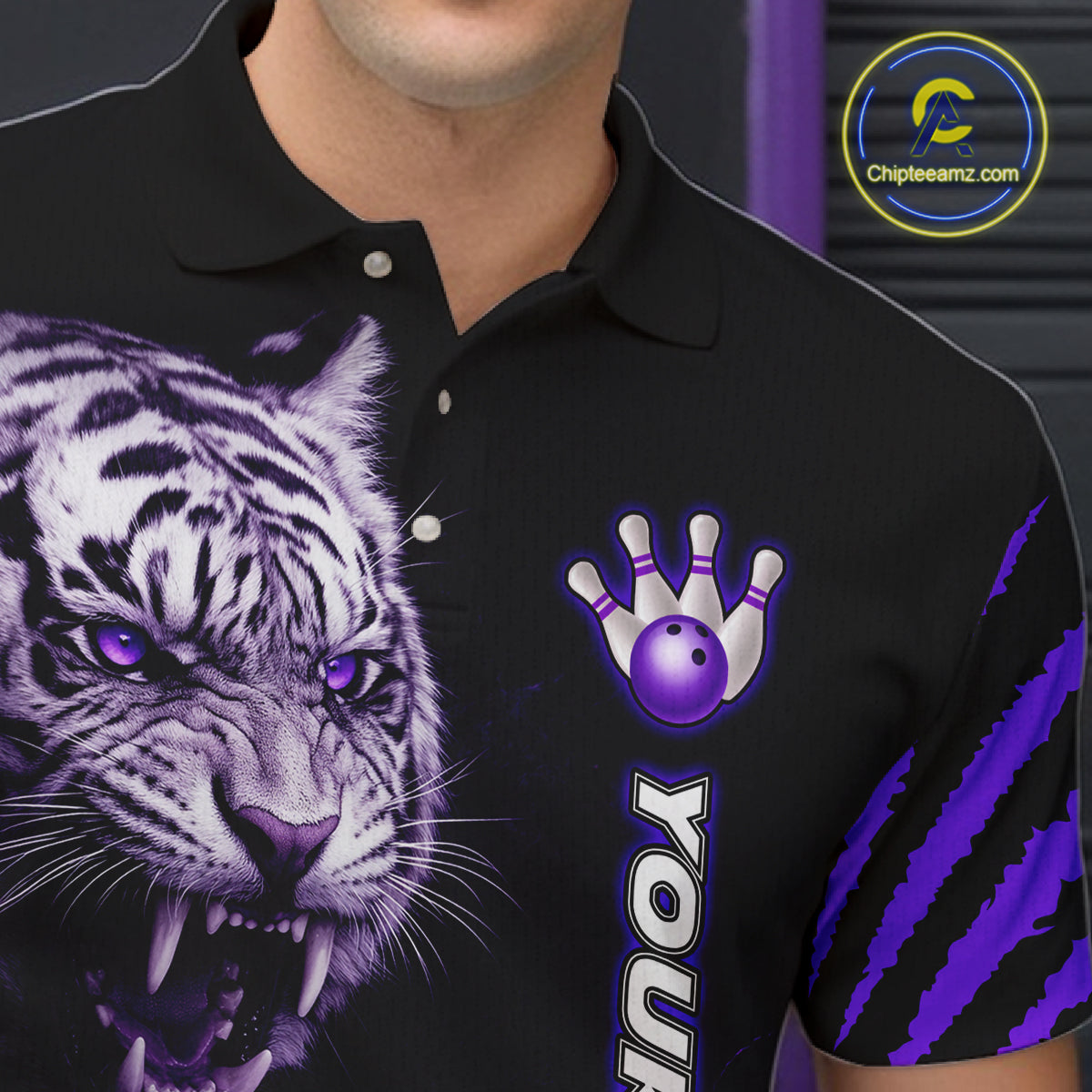 Purple Flames Tiger Custom Men Bowling Polo & Quarter-Zip Shirts Flame Bowling Team Jerseys NYN3012