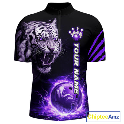 Purple Flames Tiger Custom Men Bowling Polo & Quarter-Zip Shirts Flame Bowling Team Jerseys NYN3012