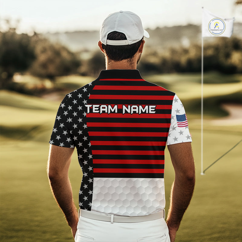 American Flag Mens Golf Polo Shirt Custom Black And Red Patriotic Golf Team Shirt Golf Tops NYN4041