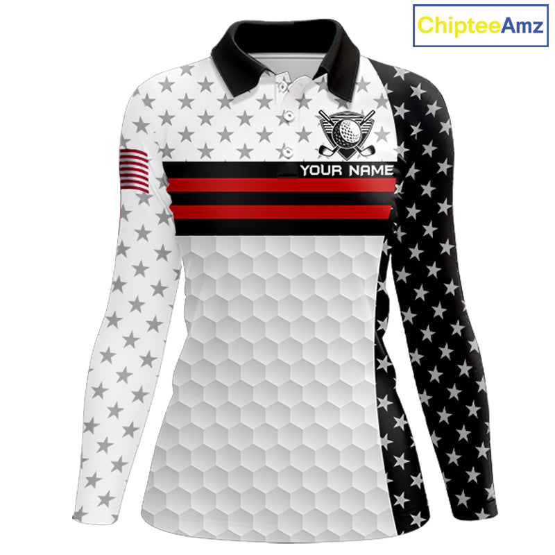 American Flag Womens Golf Polo Shirt Custom Black And Red Patriotic Golf Team Shirt Golf Tops NYN4041