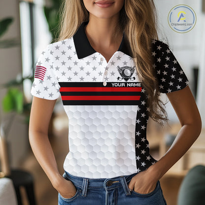 American Flag Womens Golf Polo Shirt Custom Black And Red Patriotic Golf Team Shirt Golf Tops NYN4041