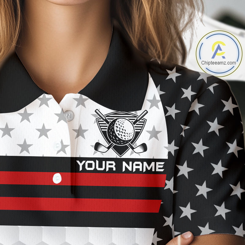 American Flag Womens Golf Polo Shirt Custom Black And Red Patriotic Golf Team Shirt Golf Tops NYN4041