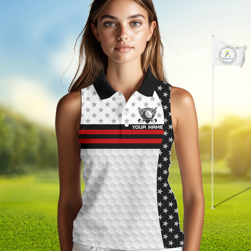 American Flag Womens Golf Sleeveless Polo Shirt Custom Black And Red Patriotic Golf Team Shirt Golf Tops NYN4041