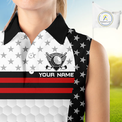 American Flag Womens Golf Sleeveless Polo Shirt Custom Black And Red Patriotic Golf Team Shirt Golf Tops NYN4041