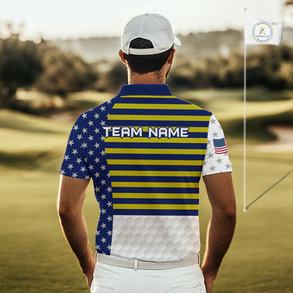 American Flag Mens Golf Polo Shirt Custom Yellow And Blue Patriotic Golf Team Shirt Golf Tops NYN4042