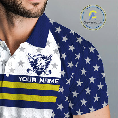 American Flag Mens Golf Polo Shirt Custom Yellow And Blue Patriotic Golf Team Shirt Golf Tops NYN4042