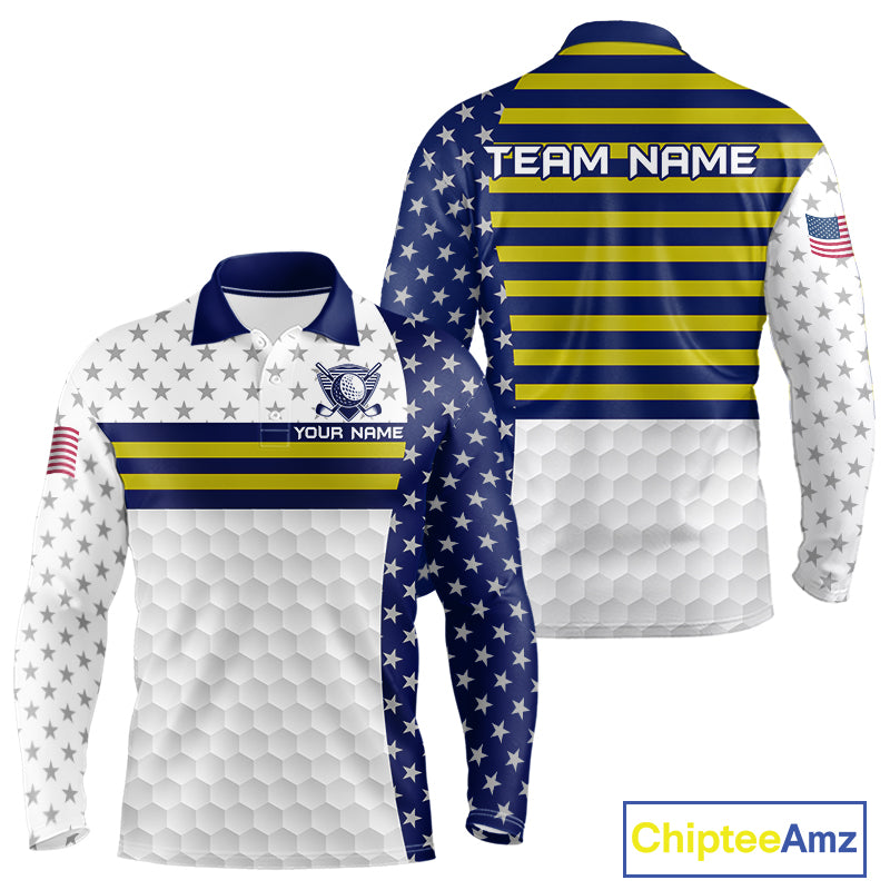 American Flag Mens Golf Polo Shirt Custom Yellow And Blue Patriotic Golf Team Shirt Golf Tops NYN4042