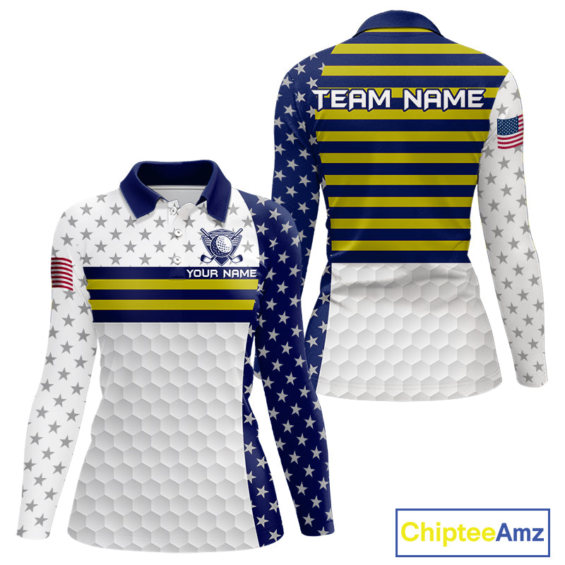 American Flag Womens Golf Polo Shirt Custom Yellow And Blue Patriotic Golf Team Shirt Golf Tops NYN4042