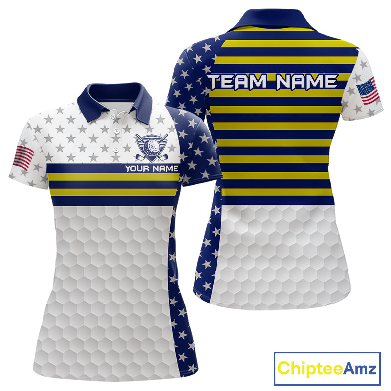 American Flag Womens Golf Polo Shirt Custom Yellow And Blue Patriotic Golf Team Shirt Golf Tops NYN4042