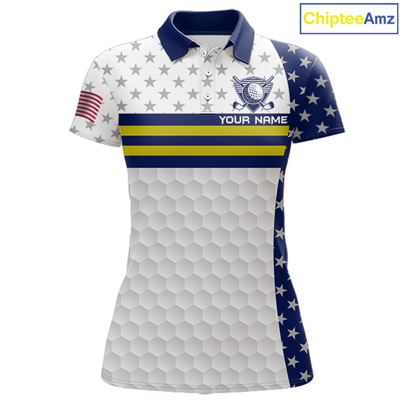 American Flag Womens Golf Polo Shirt Custom Yellow And Blue Patriotic Golf Team Shirt Golf Tops NYN4042