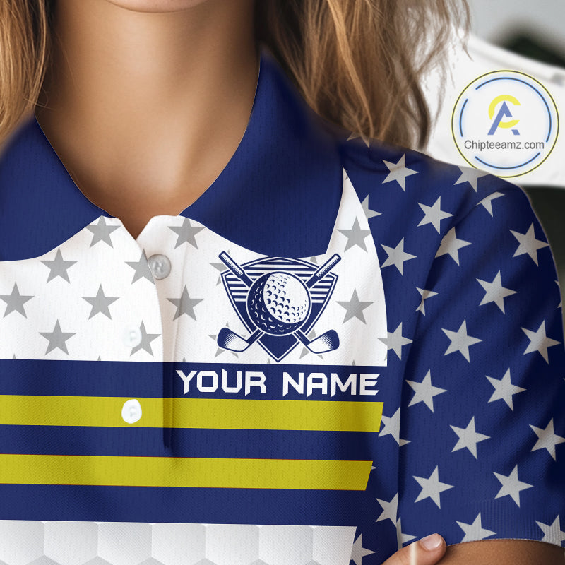 American Flag Womens Golf Polo Shirt Custom Yellow And Blue Patriotic Golf Team Shirt Golf Tops NYN4042