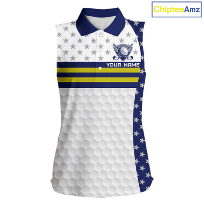 American Flag Womens Golf Sleeveless Polo Shirt Custom Yellow And Blue Patriotic Golf Team Shirt Golf Tops NYN4042