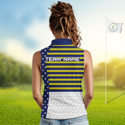 American Flag Womens Golf Sleeveless Polo Shirt Custom Yellow And Blue Patriotic Golf Team Shirt Golf Tops NYN4042